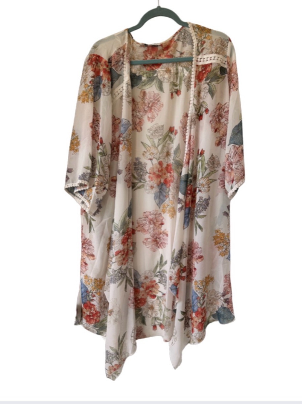 Emory Park Floral Sheer Kimono in Cream with Coral and Teal Accents